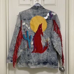 Vintage Opal Jean Jacket Denim Wolf Moon Cactus Fringe Western NWT 80s 90s RARE